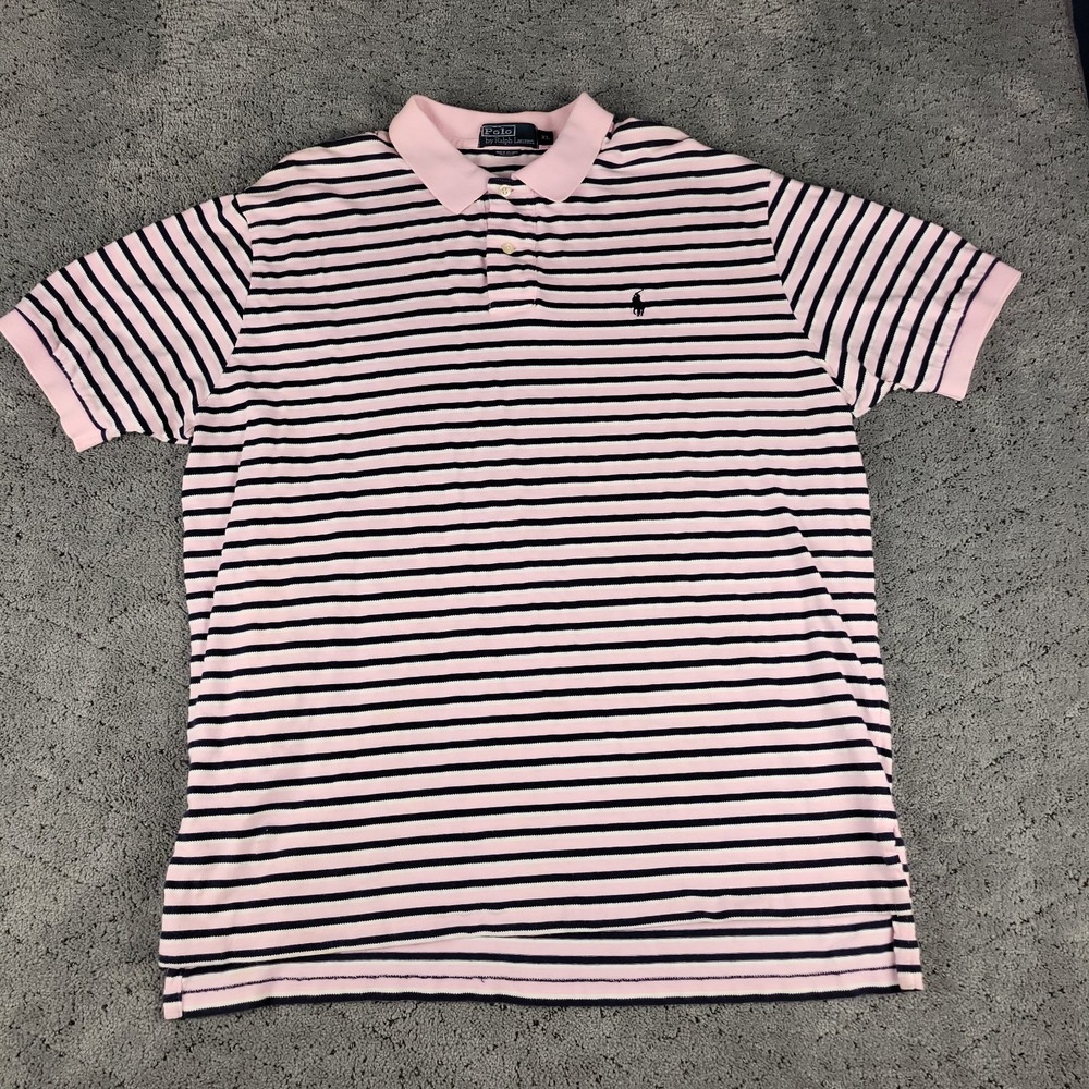 Polo Ralph Lauren Shirt Mens XL Pink Striped Short Sleeve Knit Pullover Preppy